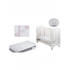 Cuna Lovely Premium con colchón,Sabanas nube luna rosa y Regalo lampara estrella