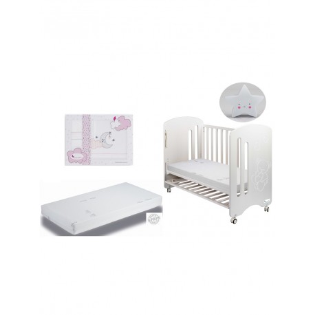 Cuna Lovely Premium con colchón,Sabanas nube luna rosa y Regalo lampara estrella